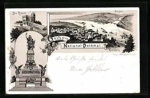 Lithographie Rüdesheim, Totalansicht mit Blick nach Bingen, Nationaldenkmal, Die Rossel