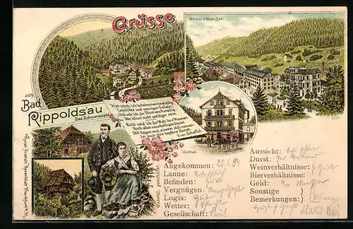 Lithographie Bad Rippoldsau /Schwarzw., Mineral & Moor-Bad, Ortsansicht aus der Vogelschau, Trachtenpaar