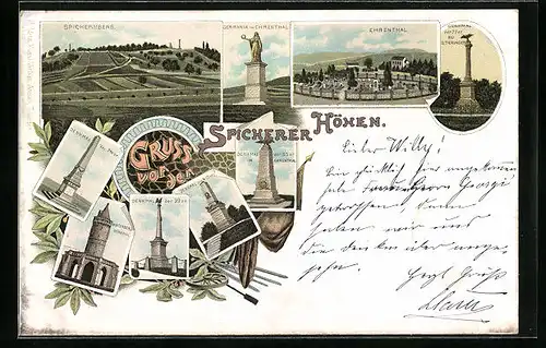 Lithographie Spichern, Spicherer Höhen - Spichernberg, Denkmäler, Ehrenthal