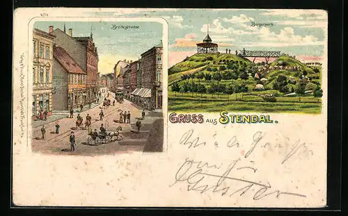 Lithographie Stendal, Breitestrasse und Bürgerpark aus der Vogelschau