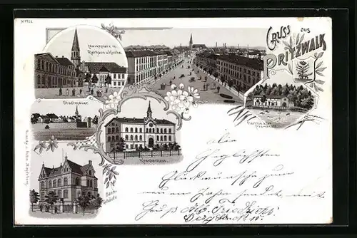 Lithographie Pritzwalk, Stadtmauer, Marktplatz mit Rathaus und Kirche, Bank-Gebäude