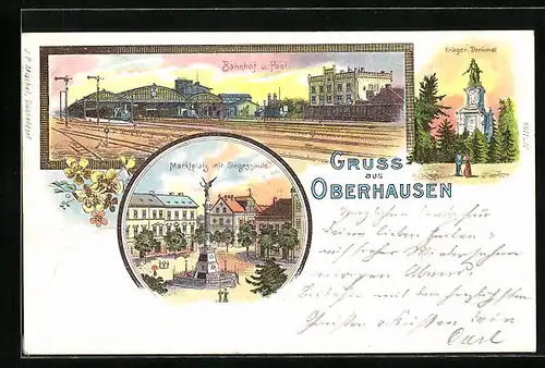 Lithographie Oberhausen, Bahnhof und Post, Marktplatz mit Siegessäule