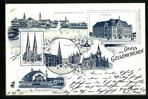 Lithographie Gelsenkirchen, Restaurations-Gebäude im Kaisergarten, Blick auf die Stadt, Neumarkt