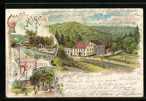 Lithographie Dahlerbrück, Hotel Hencke (Post- und Bahnstation)
