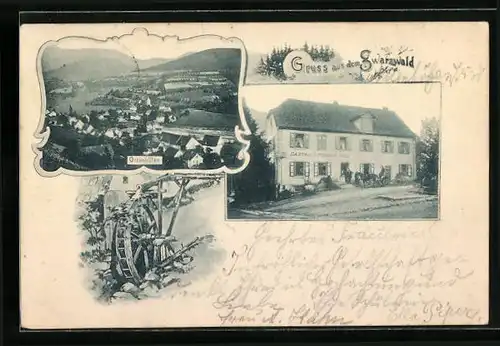 AK Ottenhöfen /Schwarzw., Gasthaus-Pension zum Engel, Gesamtansicht aus der Vogelschau, Wassermühle