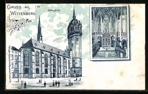 Lithographie Wittenberg, Schlosskirche - Aussen- und Innenansicht