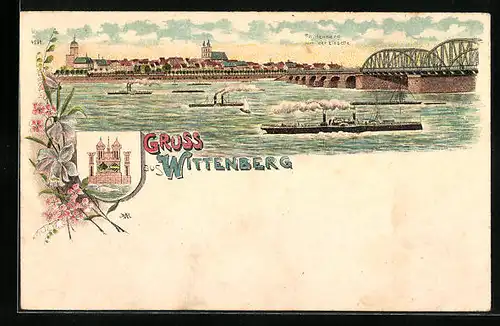 Lithographie Wittenberg, Panorama der Stadt vom Wasser aus, mit Dampfern und Stadtwappen