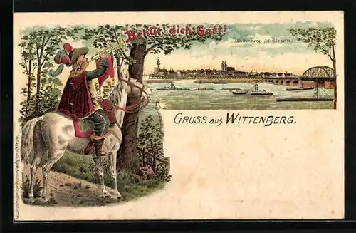 Lithographie Wittenberg, Panorama hinter Elbe, Trompeter auf Pferd