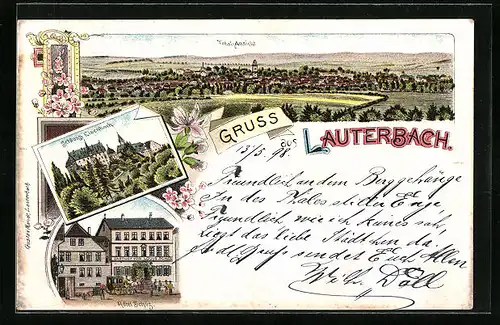 Lithographie Lauterbach, Hotel Schüz, Schloss Eisenbach, Totalansicht des Ortes