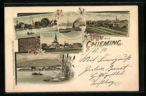 Lithographie Chieming, Gesamtansicht, Dampfschiff, Fraueninsel