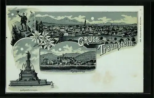 Mondschein-Lithographie Traunstein, Gesamtansicht, Ortsansicht Ruhpolding, Wanderer