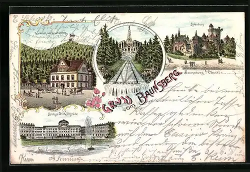 Lithographie Baunsberg b. Cassel, Gasthof am Baunsberg, Löwenburg, Schloss Wilhelmshöhe