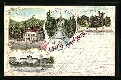 Lithographie Baunsberg b. Cassel, Gasthof am Baunsberg, Löwenburg, Merkwies