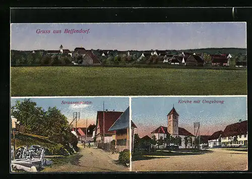 AK Beffendorf, Panorama, Strassenpartie, Kirche mit Umgebung