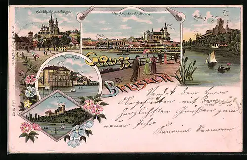 Lithographie Breisach, Totalansicht mit Schiffbrücke, Limburg, Marktplatz mit Münster