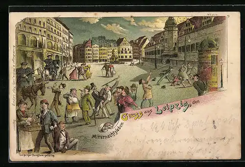 Lithographie Leipzig, Mitternachtsleben - Karikatur mit Stadttypen