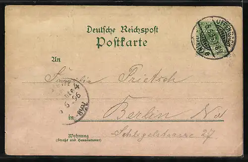 Lithographie Offenbach a. M., Kaiser Friedrichquelle, Post mit Kriegerdenkmal