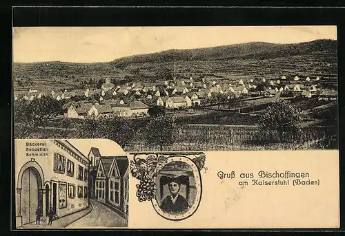 AK Bischoffingen /Baden, Bäckerei Sebastian Schmidlin, Ladenschild, Ortsansicht aus der Vogelschau