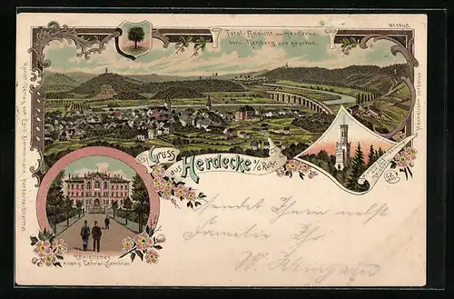 Lithographie Herdecke, Totalansicht und Königliches evang. Lehrer-Seminar