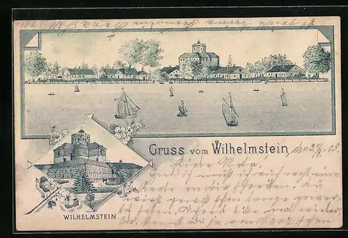 Lithographie Wilhelmstein, Seeblick mit der Burg