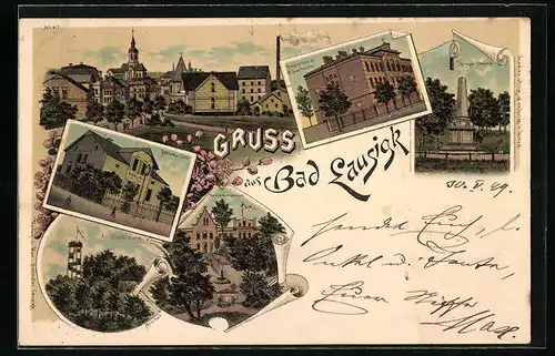 Lithographie Bad Lausigk, Bethlehem Stift, Aussichtsturm, Bürgerschule und Bismarkseiche