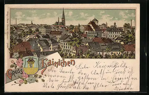 Lithographie Hainichen, Totalansicht mit Blick zur Kirche, Wappen