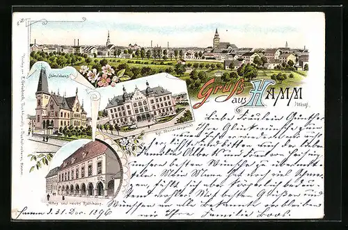 Lithographie Hamm /Westf., Ständehaus, Kgl. Oberlandesgericht, Altes und neues Rathaus, Totalansicht