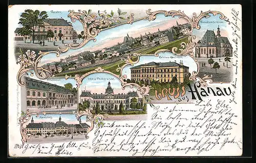 Lithographie Hanau, Theater, Schloss Philippsruhe, Marktplatz, Französische Kirche, Totalansicht