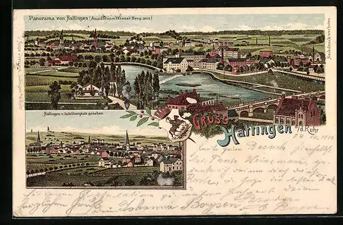 Lithographie Hattingen, Totalansicht vom Winzer Berg aus