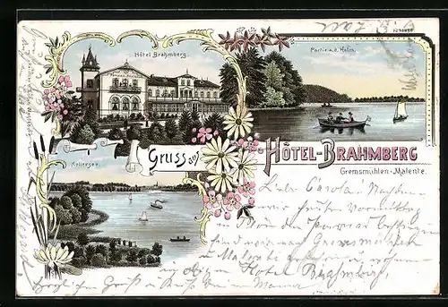 Lithographie Gremsmühlen-Malente, Hotel Brahmberg, Kellersee, Holmpartie