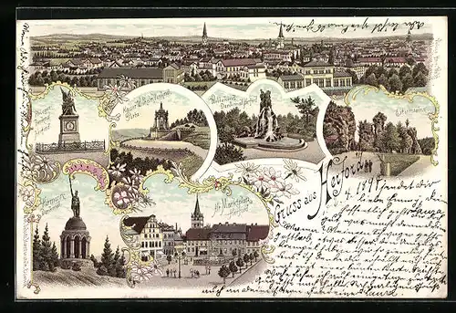 Lithographie Herford, Kaiser Wilhelmdenkmal, Wittekinddenkmal, Marktplatz, Externsteine, Totalansicht