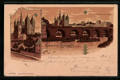 Lithographie Limburg, Lahnbrücke mit Dom im Sonnenschein