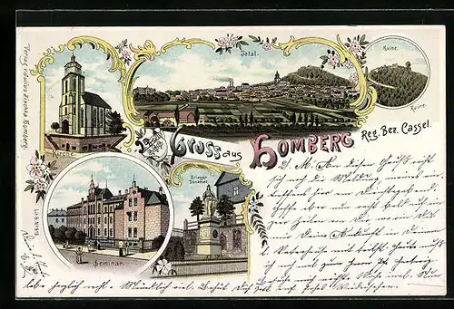 Lithographie Homberg b. Cassel, Totalansicht, Kirche, Seminar, Kriegerdenkmal, Ruine