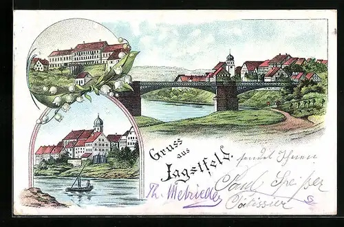 Lithographie Jagstfeld, Ortsansicht mit Eisenbahnbrücke