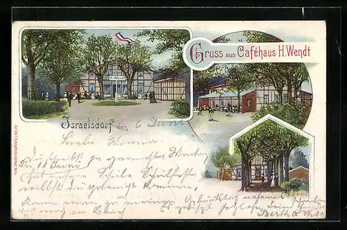 Lithographie Israelsdorf, Cafehaus H. Wendt mit Kundschaft