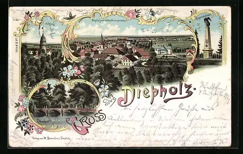 Lithographie Diepholz, Schloss, Kriegerdenkmal, lohnebrücke