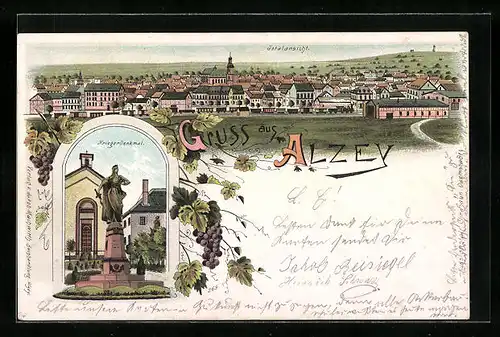 Lithographie Alzey, Totalansicht, Kriegerdenkmal mit Weintrauben