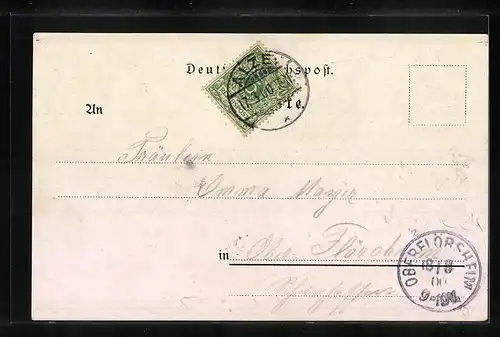 Lithographie Alzey, Totalansicht, Kriegerdenkmal mit Weintrauben