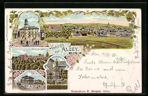 Lithographie Alzey, Rathaus, Burgruine, Bahnhof, Kriegerdenkmal, Totalansicht