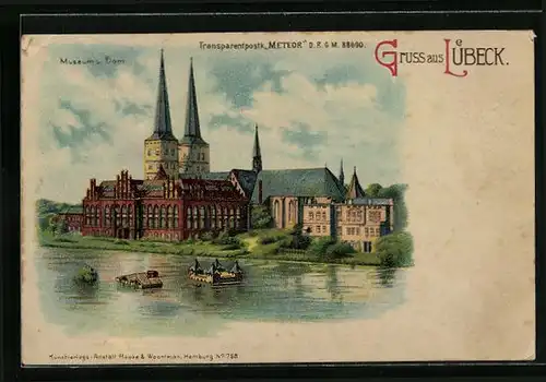 Lithographie Lübeck, Flusspartie mit Museum und Dom, Halt gegen das Licht: Vollmond