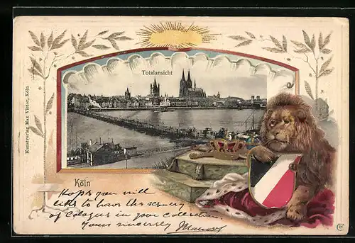 Passepartout-Lithographie Köln, Totalansicht mit, Krone, Regentenstab und Reichsapfel, Löwe hält Wappen