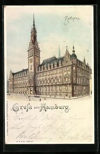 Lithographie Hamburg, Blick auf das Rathaus, Halt gegen das Licht