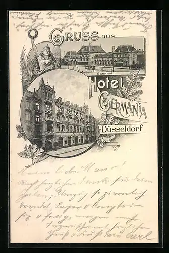Lithographie Düsseldorf, Blick auf Hotel Germania und Bahnhof