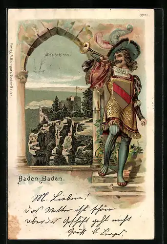 Passepartout-Lithographie Baden-Baden, Blick auf altes Schloss mit Stadtwappen