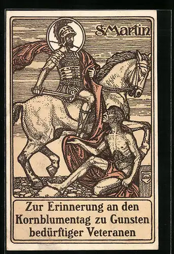 Künstler-AK Freiburg, Zur Erinnerung an den Kornblumentag, St. Martin gibt Bettler Almosen