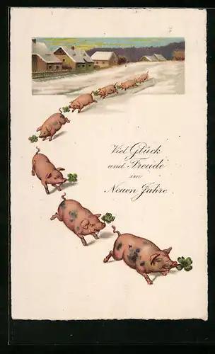 Künstler-AK Acht Schweine mit Kleeblättern in einer Reihe - Neujahrsgruss