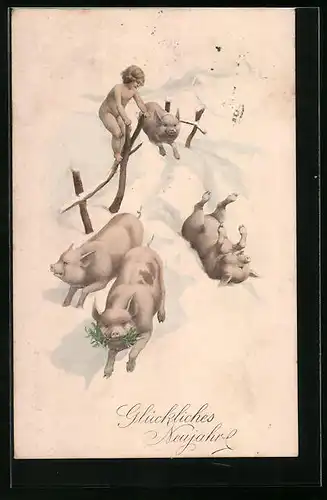 Künstler-AK Vier Schweine mit nacktem Kind im Schnee - Neujahrsgruss