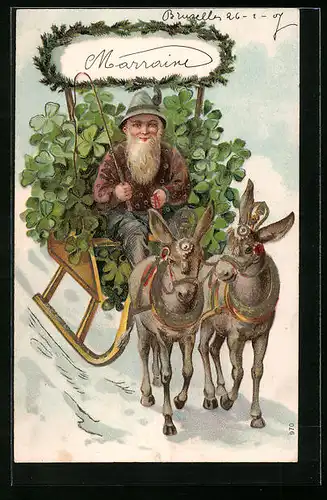 Präge-AK Eselgespann Schlitten mit Kleeblättern