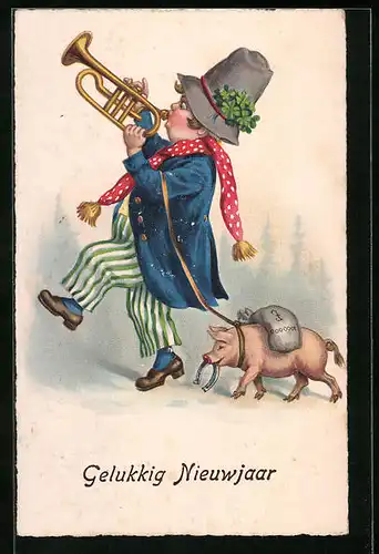 Künstler-AK Trompete spielende Figur mit Schwein an der Leine - Neujahrsgruss