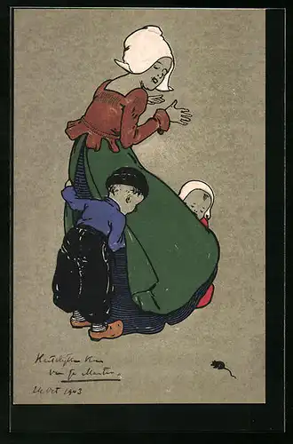 Künstler-AK Kinder flüchten vor Maus an den Schürzenzipfel der Mutter